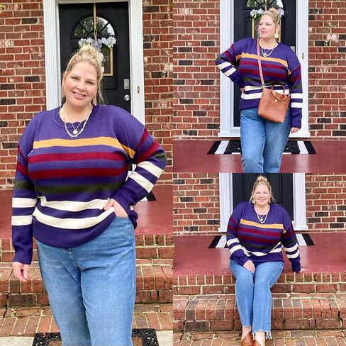 CARCOS Plus Size Sweaters for Curvy Women Crewneck Long Sleeve Pullover Sweaters Colorful Striped with Zip Up XL-5XL in Saudi Arabia