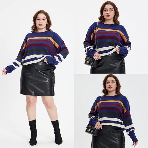 CARCOS Plus Size Sweaters for Curvy Women Crewneck Long Sleeve Pullover Sweaters Colorful Striped with Zip Up XL-5XL in Saudi Arabia
