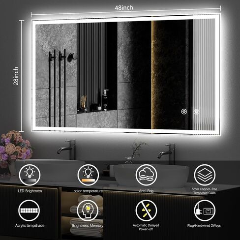 LED Bathroom Mirror,48X28 Light Bathroom Mirror, Anti-Fog, Dimmable, Backlit + Front Lit, Wall-Mounted Vanity Mirror in Saudi Arabia