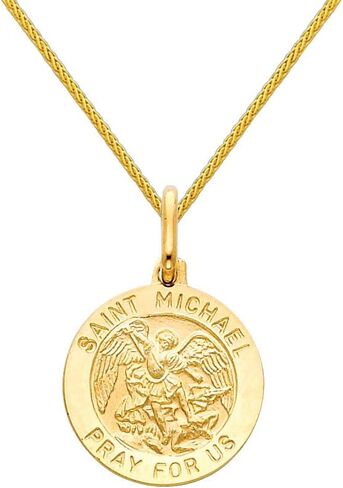 The World Jewelry Center 14k Yellow Gold Religious Saint Michael Medal Pendant with 0.9mm Braided Wheat Chain Necklace in Kuwait
