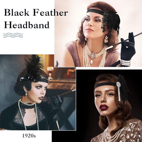 20 قطعة من Yingzhao 20 قطعة من عصابة رأس أزياء فلابر من العشرينيات من القرن الماضي من الريش الأسود وغطاء رأس كرنفال من العشرينيات من القرن العشرين (نمط أنيق) in Kuwait