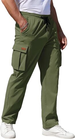 Mens Cargo Pants Drawstring Relaxed Fit Pants Stretch Elastic Waist Pants with Pockets Work Outdoor Casual (Olive Green,3XL) in Saudi Arabia