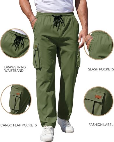 Mens Cargo Pants Drawstring Relaxed Fit Pants Stretch Elastic Waist Pants with Pockets Work Outdoor Casual (Olive Green,3XL) in Saudi Arabia