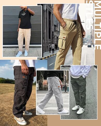 Mens Cargo Pants Drawstring Relaxed Fit Pants Stretch Elastic Waist Pants with Pockets Work Outdoor Casual (Olive Green,3XL) in Saudi Arabia