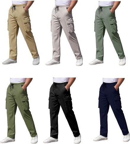 Mens Cargo Pants Drawstring Relaxed Fit Pants Stretch Elastic Waist Pants with Pockets Work Outdoor Casual (Olive Green,3XL) in Saudi Arabia