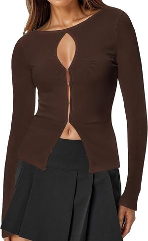 بلايز مضلعة بأكمام طويلة للنساء مقصوصة مضلعة متماسكة سترة خريفية ضيقة للخروج in Kuwait