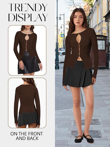 بلايز مضلعة بأكمام طويلة للنساء مقصوصة مضلعة متماسكة سترة خريفية ضيقة للخروج in Kuwait