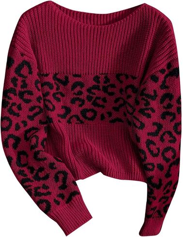 GORGLITTER Women's Leopard Print Drop Shoulder Sweater Boat Neck Long Sleeve Pullover Tops in Saudi Arabia