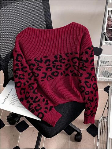 GORGLITTER Women's Leopard Print Drop Shoulder Sweater Boat Neck Long Sleeve Pullover Tops in Saudi Arabia