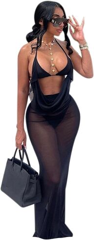 MINGSEECESS Women's Mesh Dress Backless Sleeveless Bodycon 3 Piece Outfits Y2K Tube Club Party Dresses in Saudi Arabia