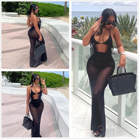 MINGSEECESS Women's Mesh Dress Backless Sleeveless Bodycon 3 Piece Outfits Y2K Tube Club Party Dresses in Saudi Arabia