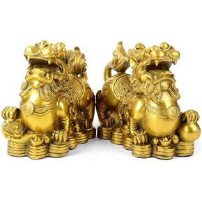 Feng Shui pixiu Brass Statue A Pair pi yao Sculpture Home Decor Golden Decoration Figurine Attract Money and Good Luck (3.2" L x 1.6" W x 2.8" H)