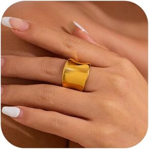 Dainty Chunky Gold Rings For Women 14K Gold Plated Wide Band Statement Ring Vintage Stack Gold Rings Non Tarnish Trendy Thumb Knuckle Ring Size 6-10