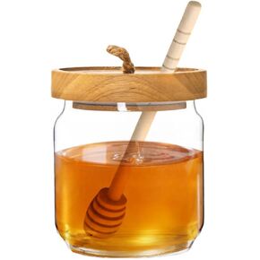 ANSQU Honey Pot, Airtight Glass Honey Jar with Dipper Stick and Wooden Lid, Honey Containers for Storing Honey, Mason Jar for Home Kitchen, 17oz