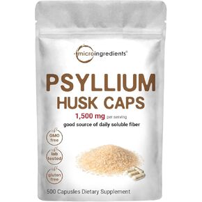 Micro Ingredients Psyllium Husk Caps 1,500mg, 500 Capsules | Daily Soluble Fiber Supplement | India Origin | Natural Prebiotics & Probiotics | Supports Digestive Health | Non-GMO, Gluten Free