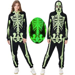 PARTISKY Adult Onesie Skeleton Costume Women & Men, Glow in the Dark Halloween Skeleton Jumpsuit with Zipper Hooded