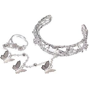 Fashion Butterfly Ring Bangles for Women Silver Plated Bell Finger Ring Hand Chain Chunky Bracelets Vintage Hand Harness Wristband Open Cuff Wrap Bracelet Jewelry Wedding Birthday Party Accessories BFF Gift