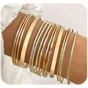 Gold Bangle Bracelets For Women, Multi Layer Stackable Textured Bracelets Set,Minimalist Textured Boho Jewelry Gift for Women