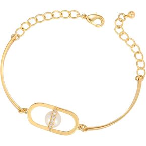 Pearl Bracelet for Women - 16K Gold Plated Paperclip Bangles Cubic Zirconia Geometric Dainty Jewelry