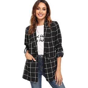 Milumia Women's Open Front Blazer Casual Lightweight Plaid Roll Up Sleeve Jacket Shirt