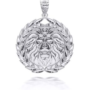 Bold 925 Sterling Silver Lion Head with Olive Wreath Peace Round Pendant Necklace - Choice of Chain Length