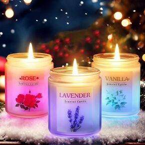 3 Pack Glowing Scented Candles with Sensor Light, Aromatherapy Candles Gifts for Women, Rose Vanilla Lavender Candle, Natural Soy Candle for Home Scented, Women Birthday Christmas Gift