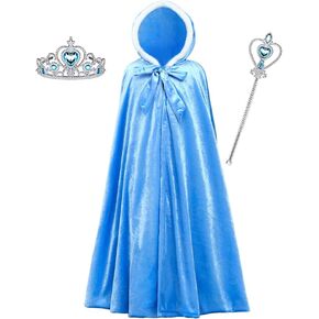SUOLA 3 Pcs Blue Princess Hooded Cloak Costume Set Velvet Long Cape for Birthday Halloween Dress Up