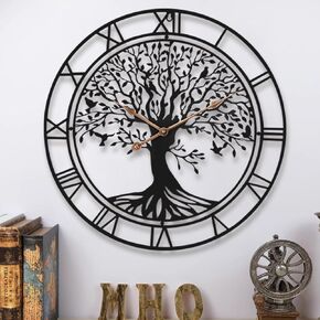 Tree of Life Wall Clock,Metal Black Large Wall Clock, 24inch Oversized Wall Clock for Living Room Bedroom Home Decor,Silent Mid-Century Clock,Modern Family Tree Clock(Spring)