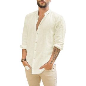 Makkrom Men Linen Shirt Button Down Long Sleeve Cotton Beach Band Collar Casual Summer Shirts in Kuwait