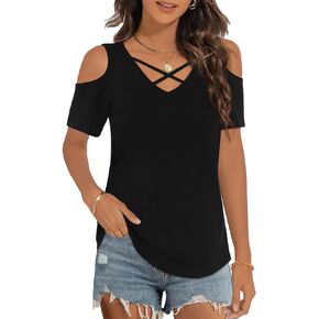 Elesomo Womens Short Sleeve Shirts Cold Shoulder Tops Criss Cross V Neck Summer Basic Tees