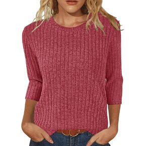 Heymiss Womens Sweaters 3/4 Sleeve Tops Round Neck Loose Casual Blouses