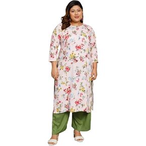 Tissu Women's Plus Size Pink & Red Floral Printed Kurta with Palazzo