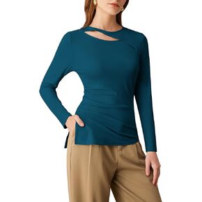 GRACE KARIN Womens Crewneck Cutout Long Sleeve Tops Twist Fitted Ruched Slit Asymmetrical Hem T-Shirts Tees Fall Tunic Top