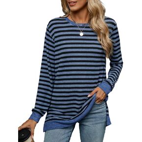 BAISHENGGT Fall Tunic Tops for Women Casual Striped Crewneck Pullover Long Sleeve T Shirts Side Slits in Kuwait