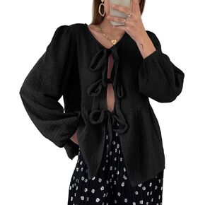Tankaneo Womens Bow Tie Front Tops Babydoll Puff Long Sleeve Blouse Y2k Cotton Shirt