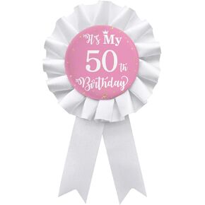 It's My 50th Birthday Badge Button Pin, Happy 50th Birthday Girls White Corsage Award Ribbon Party Decorations Supplies - Pink Pattern