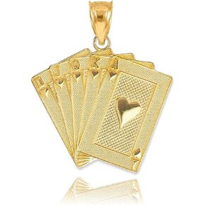 14K Yellow, White, or Rose Gold Heart Suit Royal Flush Poker Hand Cards Pendant Charm