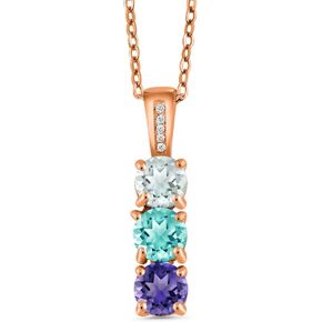 Gem Stone King Customized and Personalized Diamond and 3 Gemstone Birthstone Mother Necklaces In 18K Rose Gold Plated Sterling Silver | 3-Stone Pendant Necklace For Women | Round 5MM