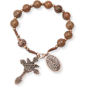 Nazareth Store Wood Beads One Decade Rosary Handmade Pocket Car Mirror with Saint Medal and Jesus Cross in Antique Bronze Wooden Travel Friendly Rosary in Kuwait