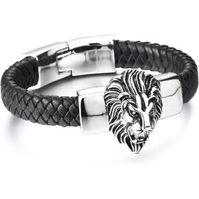 COOLSTEELANDBEYOND Mens Large Braided Leather Bracelet with Steel Lion and Genuine Leather Straps