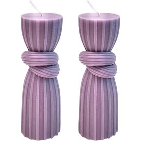 Lavender Hourglass Knot Pillar Candles Home Scented, Decorative Modern Soy Purple Pillar Candles Striped Aesthetic Tall Candles, Handmade Candles for Women Home Decor