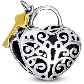 Vintage Two Tone Heart Shape Valentine Lovers Couple Filigree Lock & Key Charm Bead For Women Girlfriend 14K Gold Plated .925 Sterling Silver Fits European Bracelet