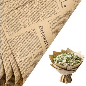 LeZakaa 20 Sheets Kraft Newsprint Flower Wrapping Paper -Reversible Floral Bouquet Paper -Brown Font Kraft Newsprint Design for Valentine's Day, Mother's Day, Parties, Birthdays, Weddings, Baby Shower
