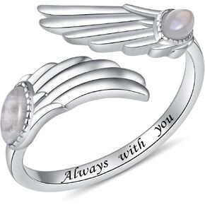 YLT 925 Sterling Silver Natural Moonstone Angel Wings Ring Adjustable Dainty Wrap Open Thumb Rings for Women