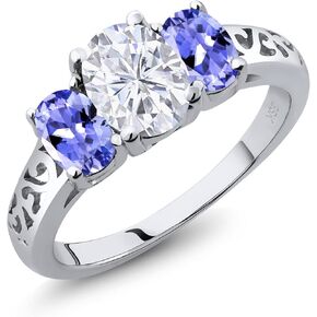 Gem Stone King 925 Sterling Silver White Moissanite and Blue Tanzanite Filigree Style 3 Stone Ring for Women (2.40 Cttw, Oval 8X6MM and 6X4MM, Available in Size 5, 6, 7, 8, 9)