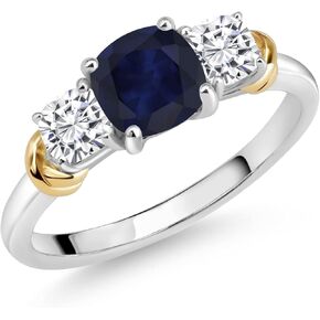 Gem Stone King 925 Sterling Silver and 10K Yellow Gold Blue Sapphire and White Moissanite 3 Stone Engagement Ring For Women (1.94 Cttw, Cushion Cut 6MM and 4MM, Available In Size 5, 6, 7, 8, 9)