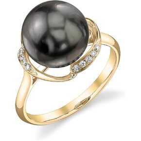 The Pearl Source 14K Gold 10-11mm Round Genuine Black Tahitian South Sea Cultured Pearl & Diamond Ruby Ring for Women