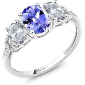 Gem Stone King 10K White Gold Blue Tanzanite White Topaz and Diamond Women Engagement Ring (1.97 Cttw, Gemstone Birthstone, Available In Size 5, 6, 7, 8, 9)