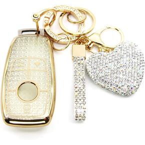 Key Fob Cover with Diamond Keychain for Mercedes Benz Women Car Key Shell Compatible with Benz 2017-2021 E-Class 2018-2021 S-Class 2019-2021 A-Class C-Class G-Class (4 Buttons-Silver Heart)