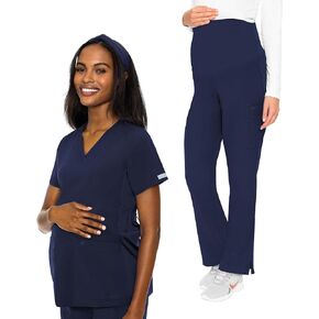 Med Couture Women's Maternity Scrub Set 5 Pockets V-Neck Top with Hemline MC628 Waist Panel for Belly Coverage Pant MC028, Navy - M Top/M Pant